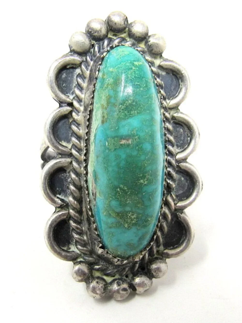 Navajo Green Turquoise Sterling Silver Ring Size 6 3/4 Vintage 1 in Long Stone